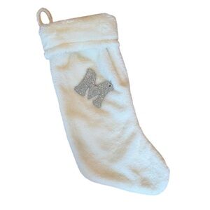 NWOT White Faux Fur Christmas Stocking with M charm Ornament Silver Holiday